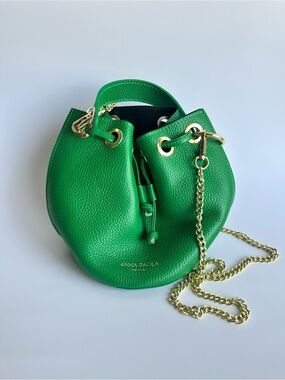 Anna Paola Green Leather Drawstring Crossbody & Bucket Bag with Gold Chain